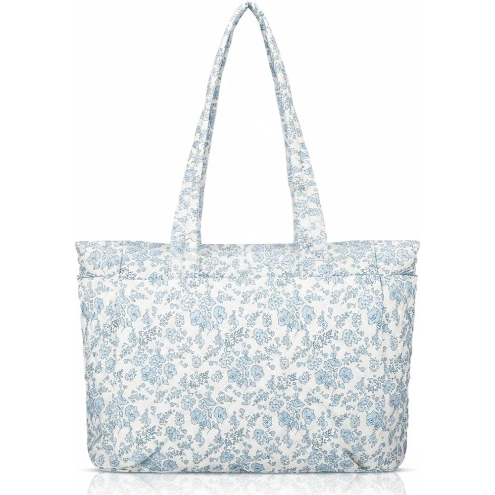 Stylish Blue Floral Puffy Tote - Spacious & Durable Handbag For Daily Adventures
